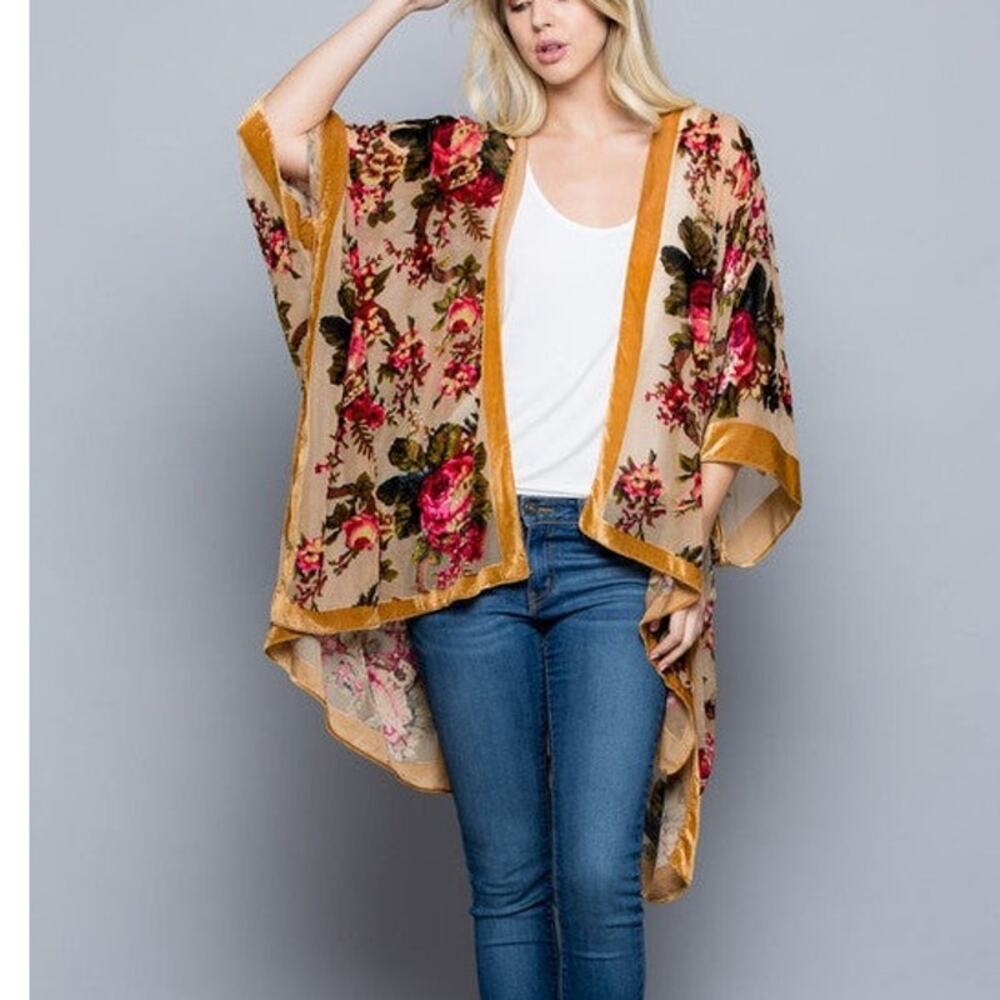Golden Rose Velvet Burnout Kimono sheer body rose pattern gold velvet Large